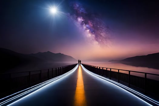 a man walks on a bridge over a lake at night. AI-Generated photo