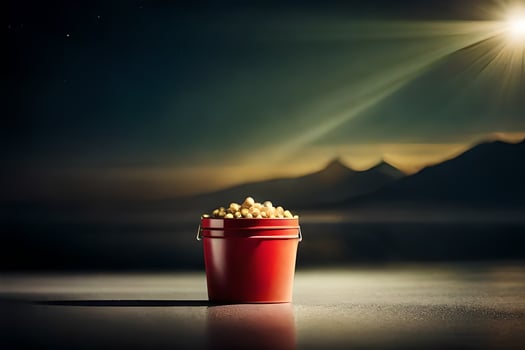 a bucket of popcorn on a table in front of a mountain. AI-Generated photo
