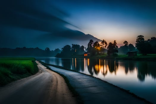 a road and a river at sunset. AI-Generated photo