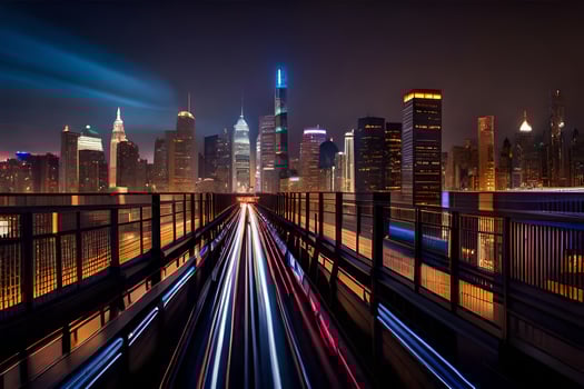 a city skyline at night with light trails. AI-Generated photo