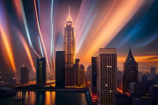 a city skyline with lights and light trails. AI-Generated photo