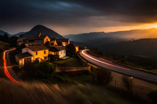 a long exposure photograph of a village and road at sunset. AI-Generated photo