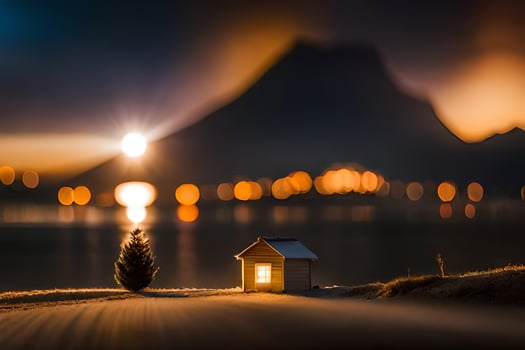 a small house in the snow with a tree in the foreground. AI-Generated photo