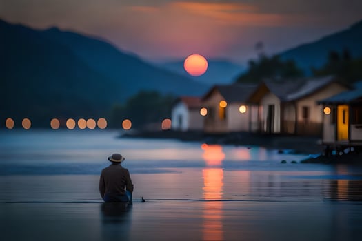 a man sitting on the shore of a lake at sunset. AI-Generated photo