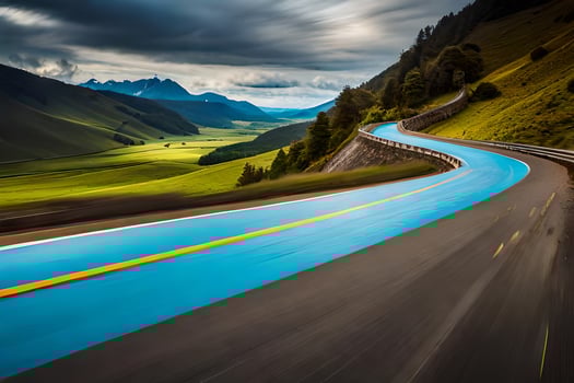 a blue road in the mountains. AI-Generated photo