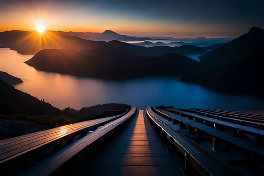 a wooden staircase leading to the sun. AI-Generated photo