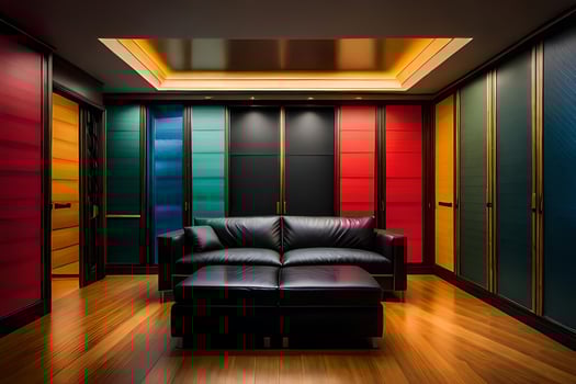 a room with a black leather couch and colorful walls. AI-Generated photo