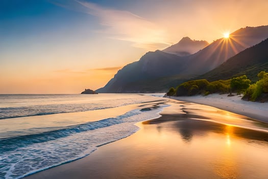 the sun is setting over a beach and mountains. AI-Generated photo