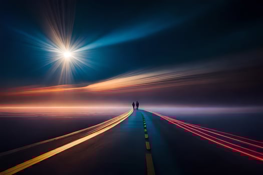 a man and woman walking on a road at night. AI-Generated photo