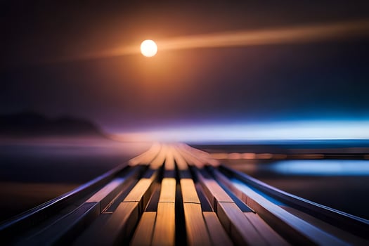 a long train track with the sun shining in the background. AI-Generated photo