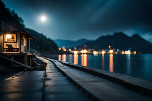 photo wallpaper the moon, night, the sea, the lake, the mountains, the house,. AI-Generated