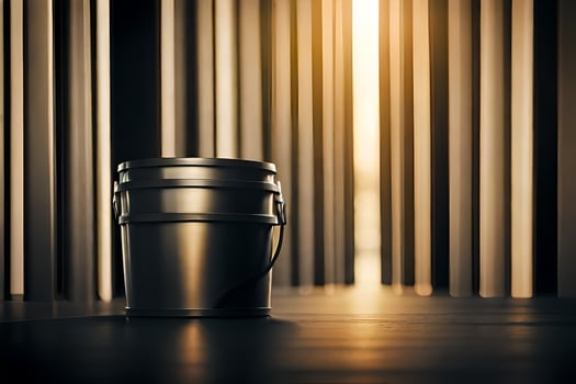a bucket sitting on a floor with light coming through the door. AI-Generated photo