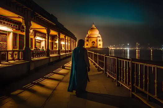 a man in a blue robe walks along a walkway at night. AI-Generated photo