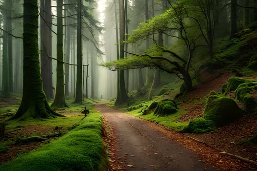 a path through a green forest with trees and moss. AI-Generated photo
