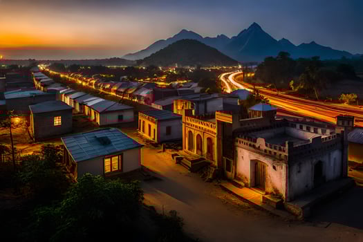a village at dusk with mountains in the background. AI-Generated photo