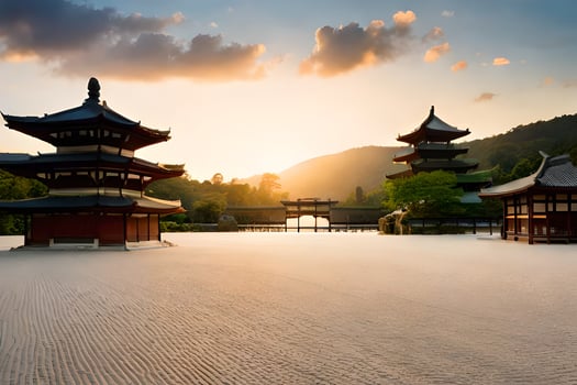 the sun sets over a pagoda in the middle of a field. AI-Generated photo