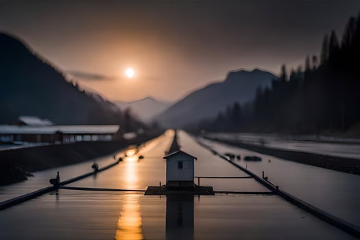 a small house sits on the edge of a river. AI-Generated photo
