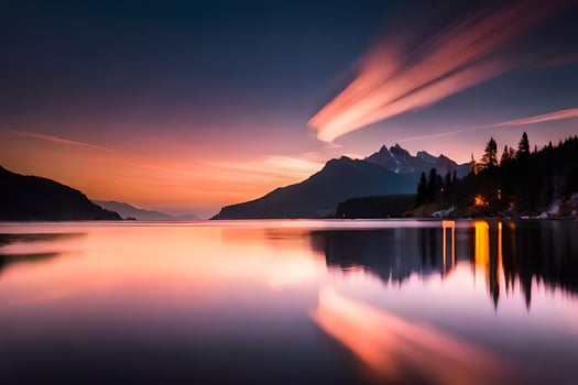 a beautiful sunset over a lake with mountains in the background. AI-Generated photo