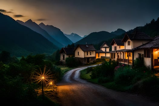 photo wallpaper the sky, mountains, road, house, light, the night, the mountains,. AI-Generated
