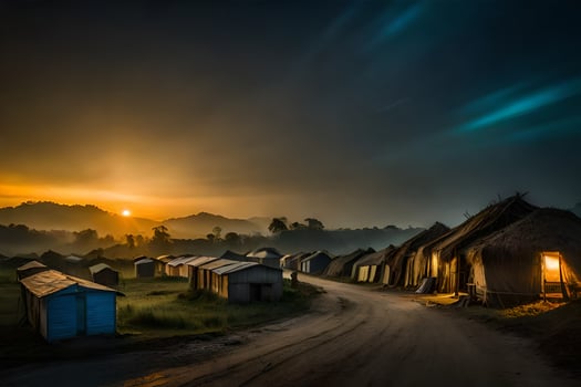 a village at sunset with huts and a road. AI-Generated photo