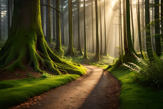 a path through a forest with sunlight shining through the trees. AI-Generated photo