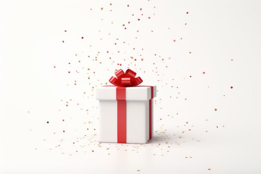 White gift box with ribbon and confetti isolated. AI Generated photo