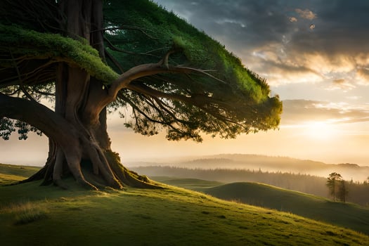 a tree on a hill with the sun setting behind it. AI-Generated photo
