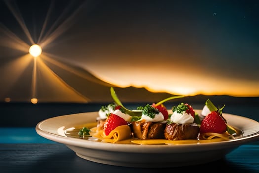 a plate of food with strawberries and cream on a table. AI-Generated photo