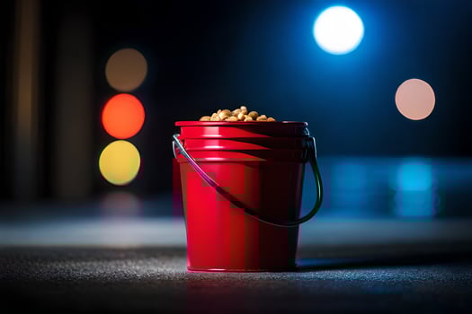 a red bucket with peanuts sitting on the street. AI-Generated photo