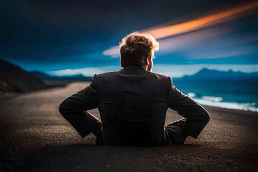 a man sitting on the road looking out at the ocean. AI-Generated photo
