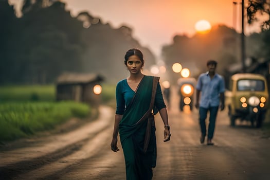 a woman walking down a road at sunset. AI-Generated photo