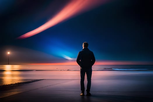 a man standing on the beach looking at the sky. AI-Generated photo
