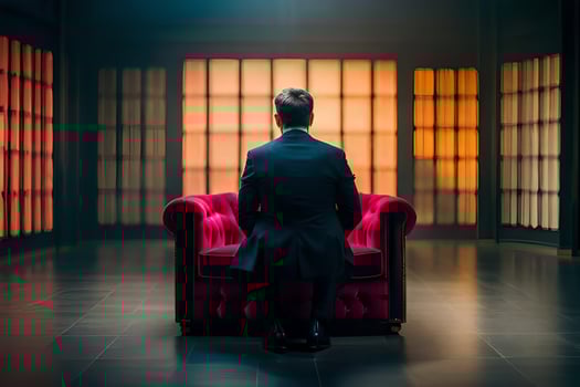 a man in a suit sits on a red chair in an empty room. AI-Generated photo