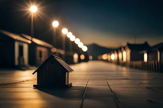 a small house sits on the street at night. AI-Generated photo