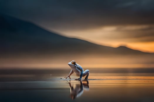 a frog standing on the water at sunset. AI-Generated photo
