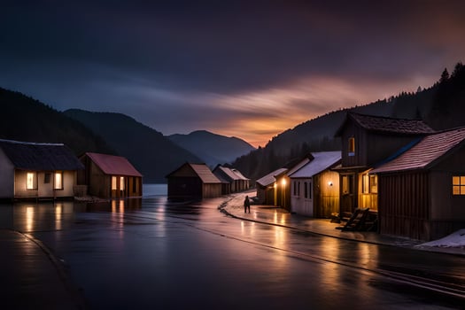 a row of houses in the snow at night. AI-Generated photo