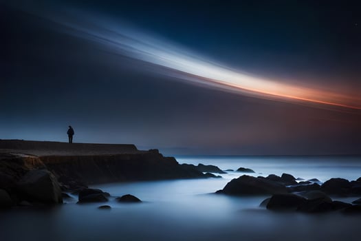 a man stands on the edge of a cliff overlooking the ocean. AI-Generated photo