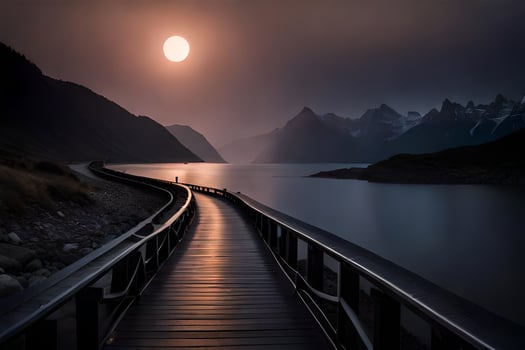 a wooden boardwalk leads to a lake and mountains. AI-Generated photo