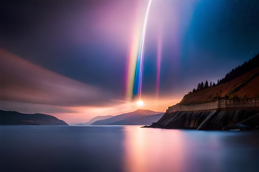 a rainbow is seen over the water in front of a mountain. AI-Generated photo