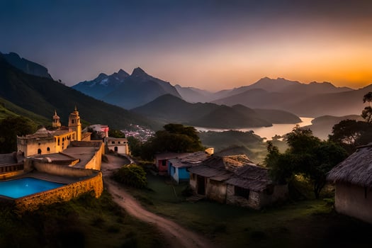 the sun sets over a village in the mountains. AI-Generated photo