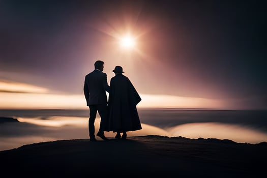 a couple standing on a hill overlooking the ocean. AI-Generated photo