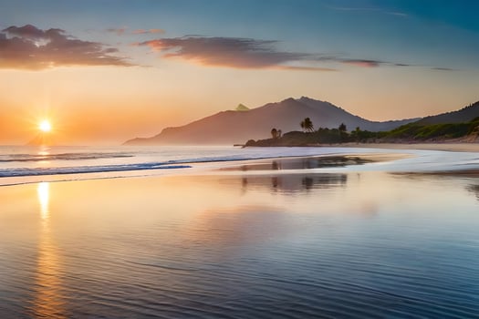 the sun sets over the ocean and mountains. AI-Generated photo