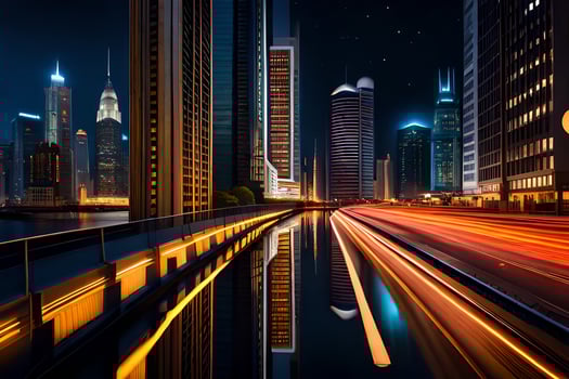 a city at night with lights on the buildings. AI-Generated photo