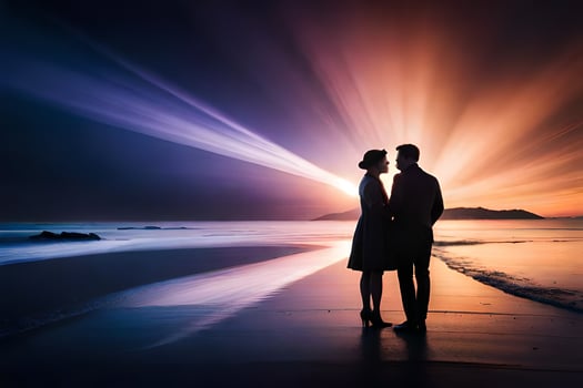 a couple standing on the beach at sunset. AI-Generated photo