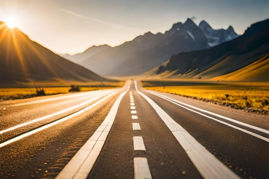 the sun is setting over a road in the mountains. AI-Generated photo