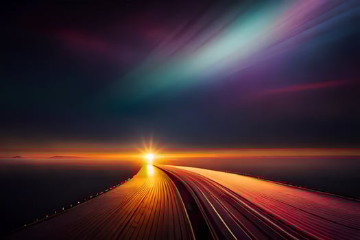 a long road with a bright light shining in the sky. AI-Generated photo