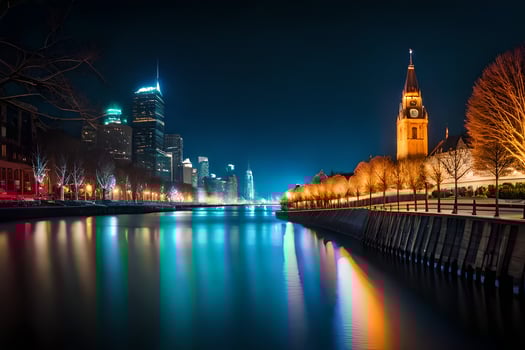 a river and city at night. AI-Generated photo