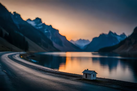 a small house sits on the side of a road near a lake. AI-Generated photo