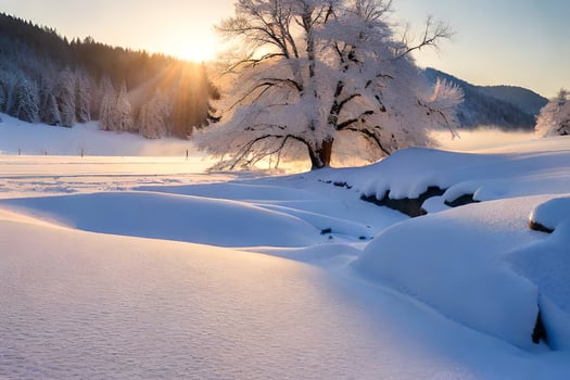 a tree covered in snow in the middle of a snowy field. AI-Generated photo