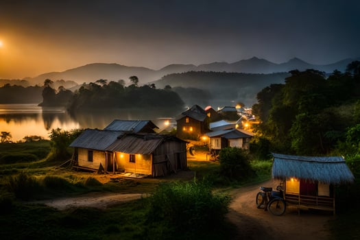 the sun sets over a village by a lake. AI-Generated photo